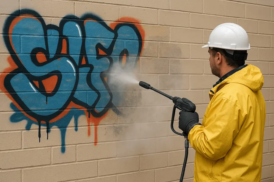 Odstraňovanie graffiti z fasády budovy